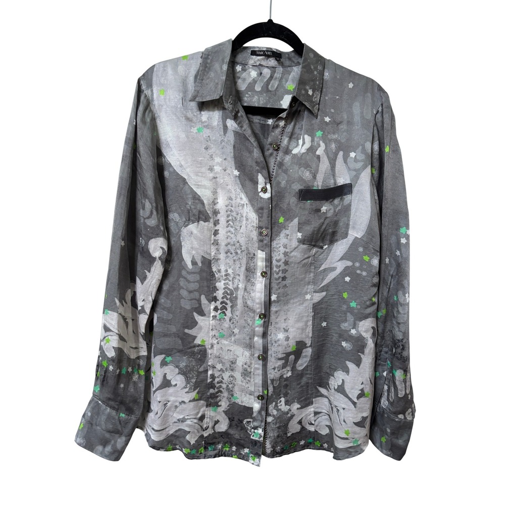 Marc Aurel Grey Silk Cotton Abstract Star Print Beaded Button Down Shirt Size 42